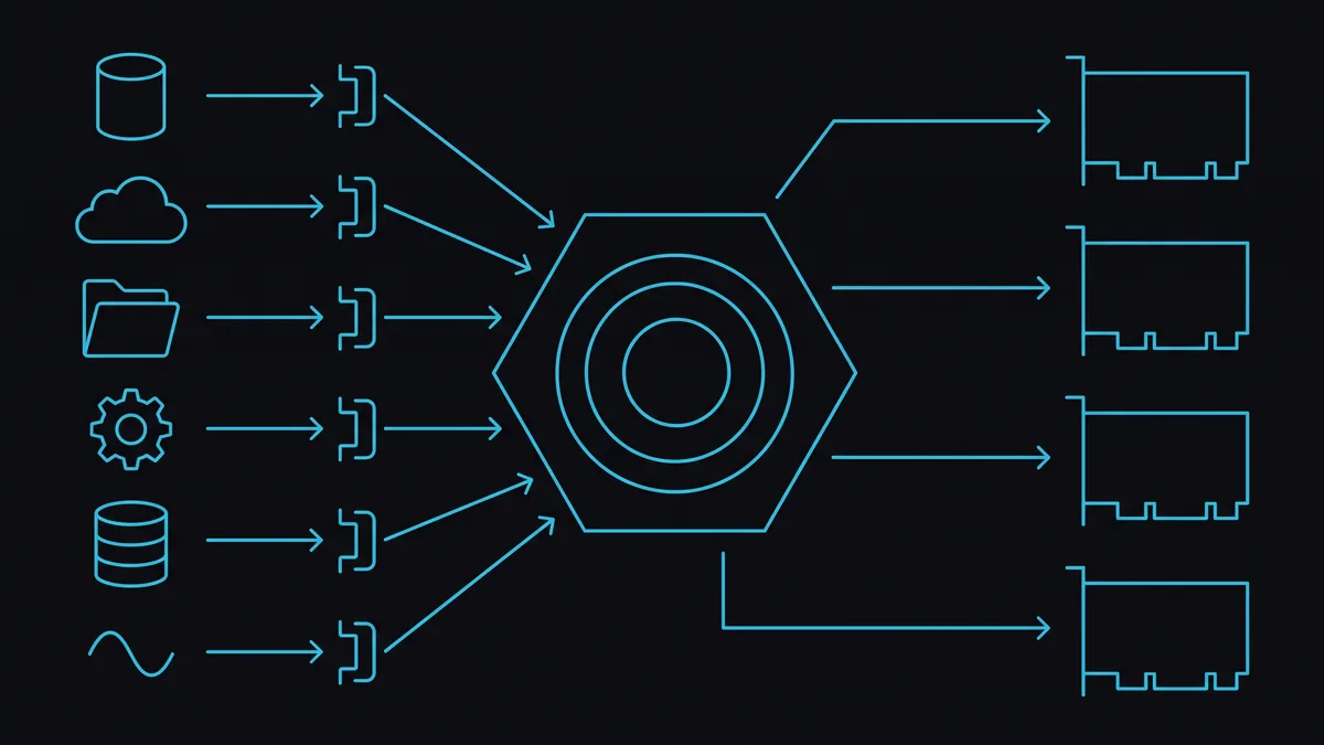 Architecture diagram: many clinical data sources with different protocols on the left, one aggregation hub with adapters in the middle, several consuming teams using one typed SDK on the right