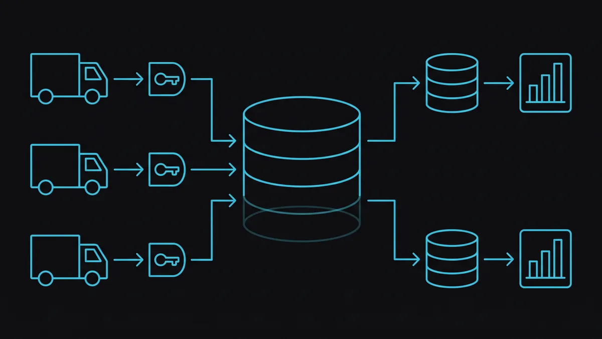 Pipeline diagram: external partner feeds entering idempotent ETL batches, a normalized history-preserving core database, and read replicas serving analytics teams separately from operational queries