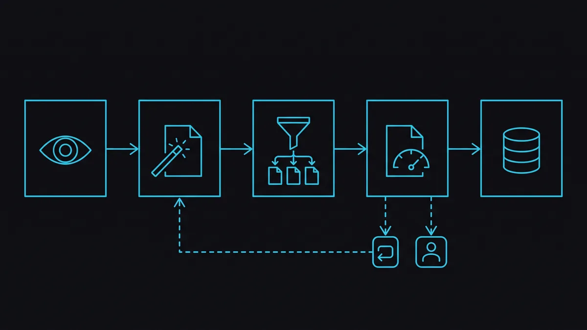 Stage diagram of a medical document OCR pipeline: capture agents, image enhancement, classification, OCR with confidence scoring, fallback path, and routing into the clinical data store