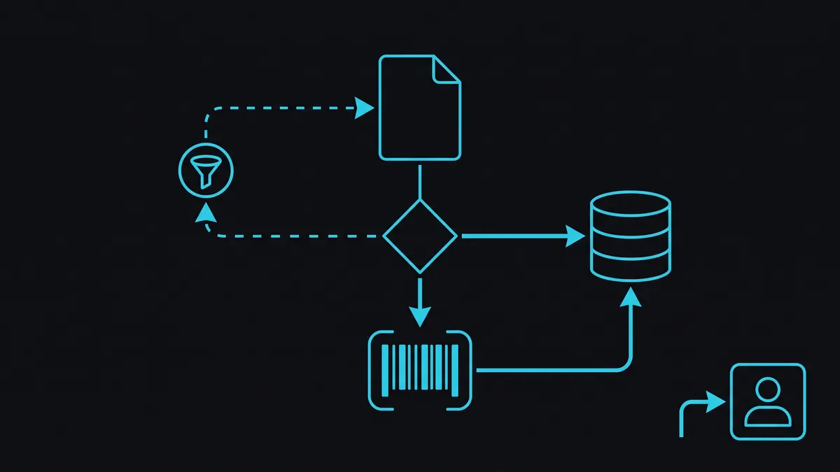 Decision flow: document enters OCR, confidence score routes high-confidence reads onward, low-confidence reads to enhancement and re-OCR, barcode-bearing documents to barcode decode, persistent failures to human review